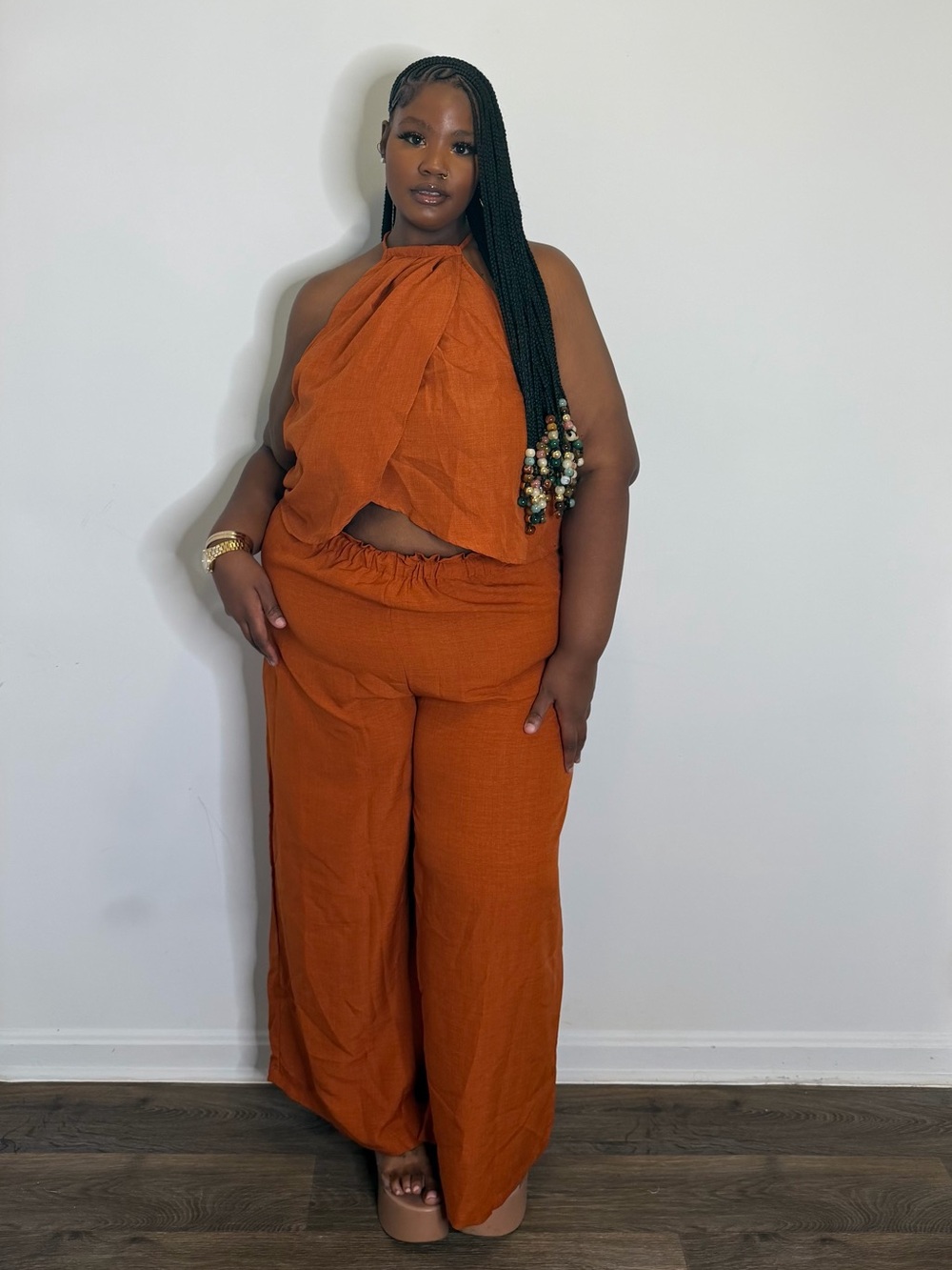 Women's Rust Wide-Leg Linen Jumpsuit Set